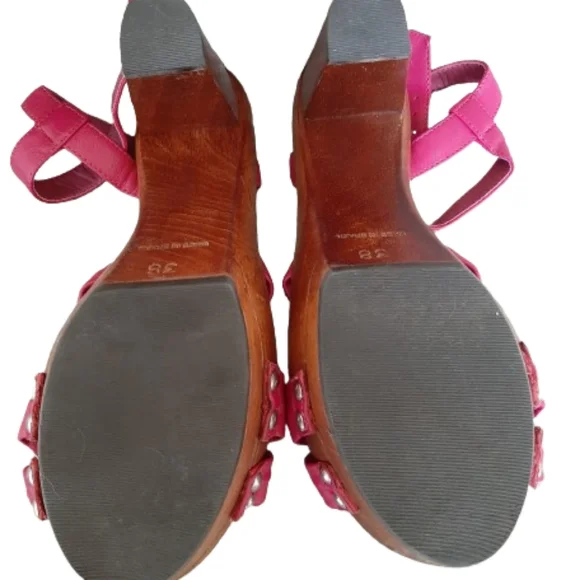 ALDO - Strappy heeled bright pink leather sandals with wooden platform - Size: 8 - Picture 4 of 8